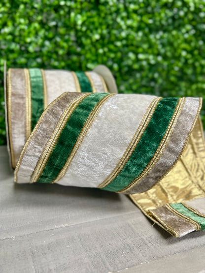 John Mark 6 Inch By 10 Yard Stripe Gray Green White Velvet Metallic Dupioni Ribbon