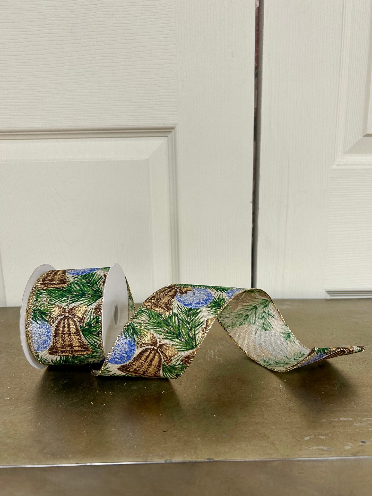 2.5 Inch By 10 Yard Gold Burnished Bells And Dusty Blue Ornaments On Natural Linen Ribbon