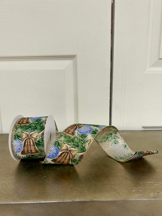 2.5 Inch By 10 Yard Gold Burnished Bells And Dusty Blue Ornaments On Natural Linen Ribbon