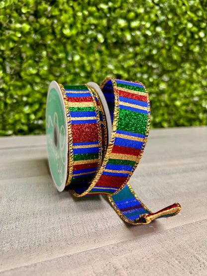 7/8 Inch By 10 Yard Royal Blue Red And Emerald Horizontal Stripe Ribbon
