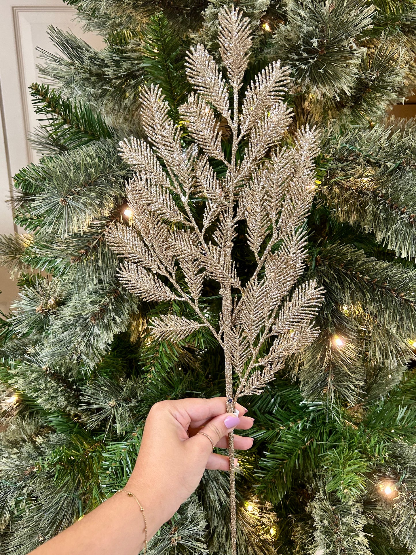 24 Inch Champagne Glitter Sequin Peacock Fern Spray