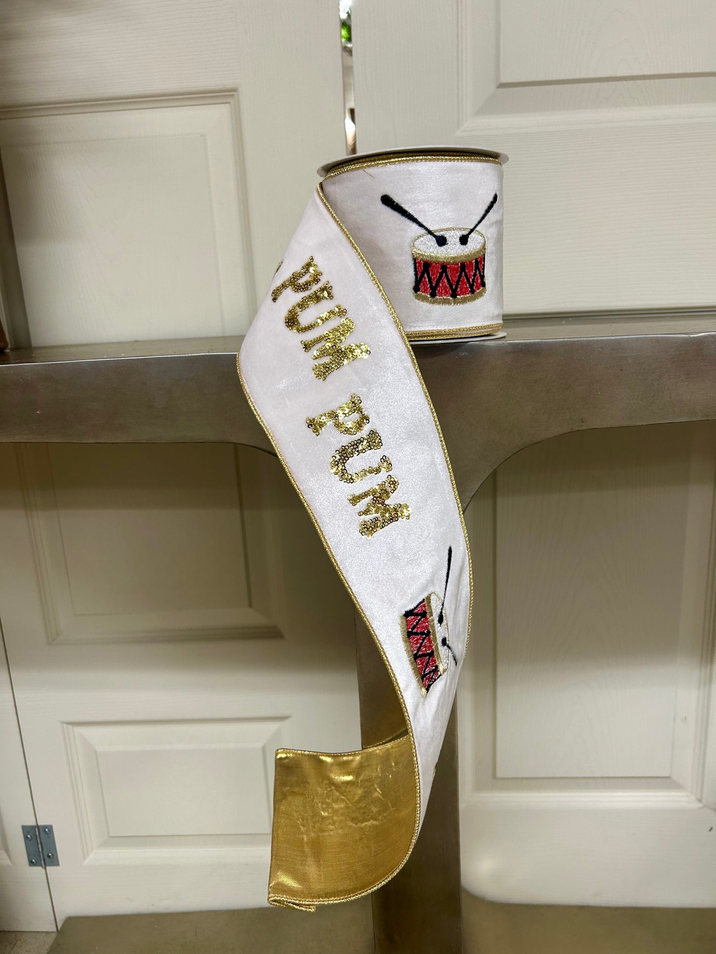 4 Inch By 10 Yard Pa Rum Pum Pum Gold Sequin Embroidery With Drum On Ivory Velvet Ribbon