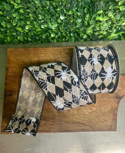 2.5 Inch By 10 Yard Natural And Black Harlequin Spider And Spiderweb Ribbon
