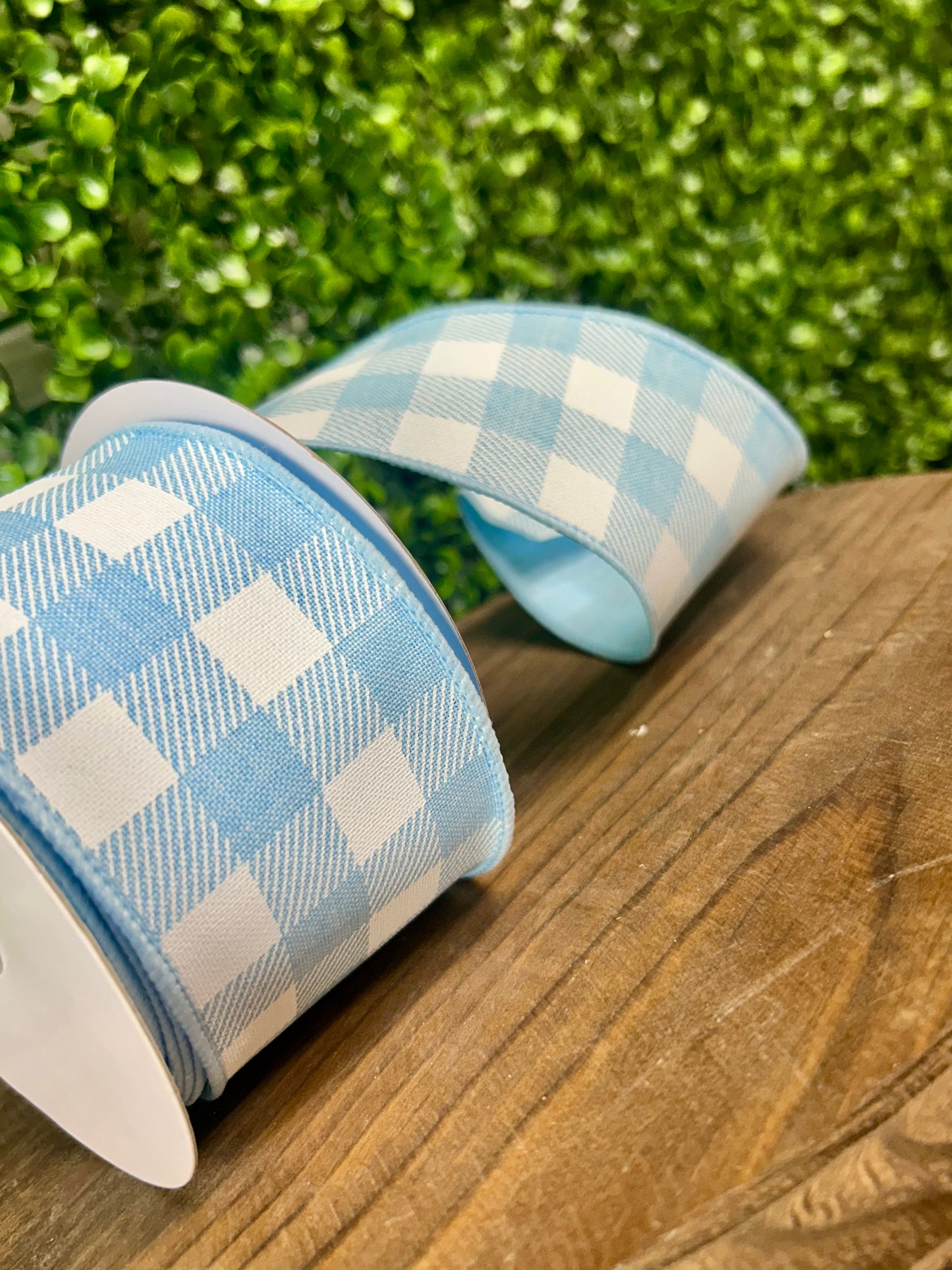2.5 Inch By 10 Yard Pale Blue And White Striped Check On Royal Ribbon