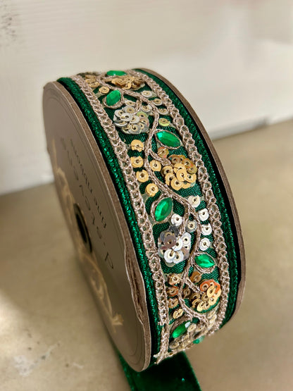 1.5 Inch By 10 Yard Emerald Green Metallic Dupioni Jewel Ribbon