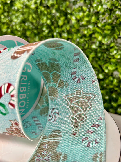 2.5 Inch By 10 Yard Gingerbread With Candy On Royal Ribbon