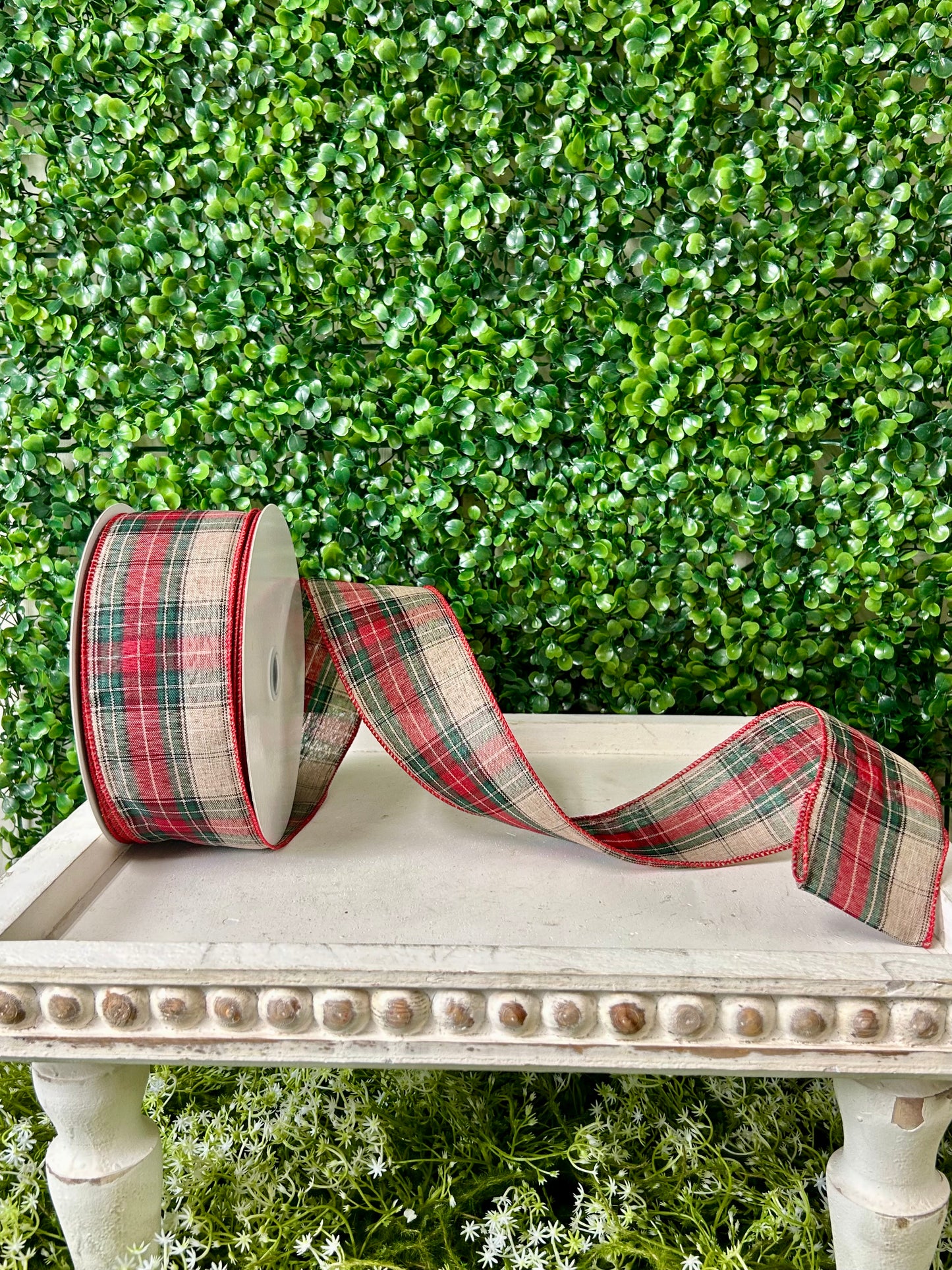 2.5 Inch By 50 Yard Natural Emerald And Dark Red Woven Plaid Ribbon