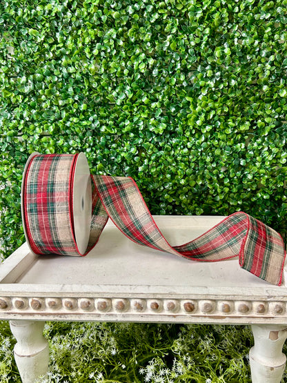 2.5 Inch By 50 Yard Natural Emerald And Dark Red Woven Plaid Ribbon