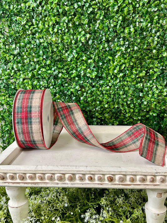 2.5 Inch By 10 Yard Natural Emerald And Dark Red Woven Plaid Ribbon