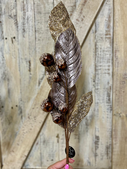 27.5 Inch Icy Pewter And Brown Metallic Magnolia Leaf Ball Spray