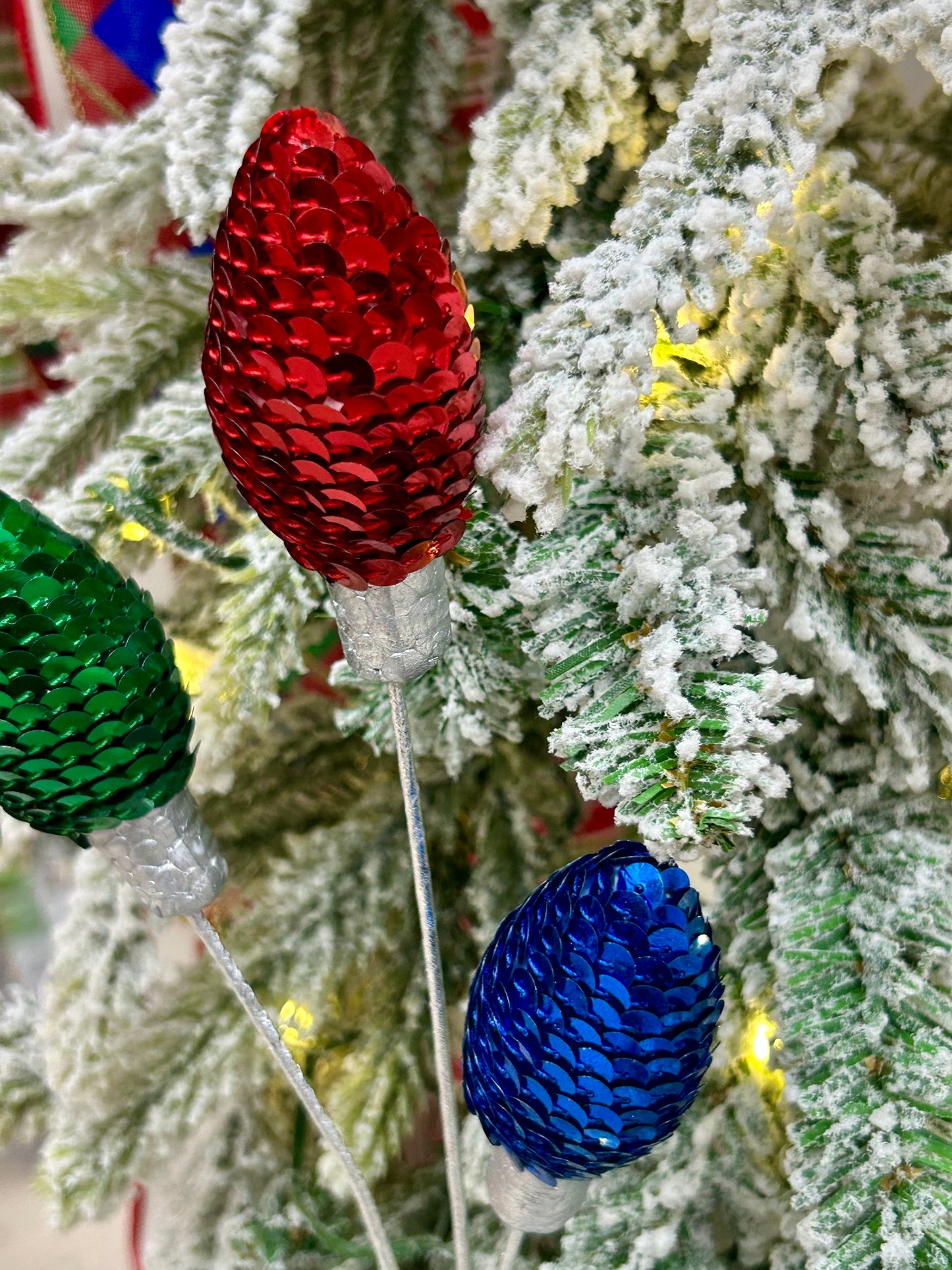 11 Inch Red Emerald Green And Royal Blue Styrofoam Sequin Light Bulb Pick