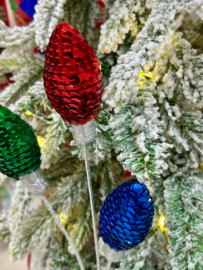 11 Inch Red Emerald Green And Royal Blue Styrofoam Sequin Light Bulb Pick