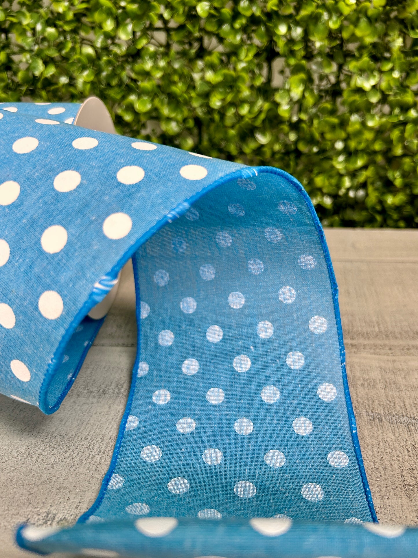 4 Inch By 10 Yard Blue Polka Dot Linen Ribbon