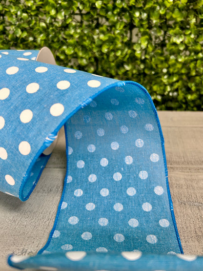 4 Inch By 10 Yard Blue Polka Dot Linen Ribbon