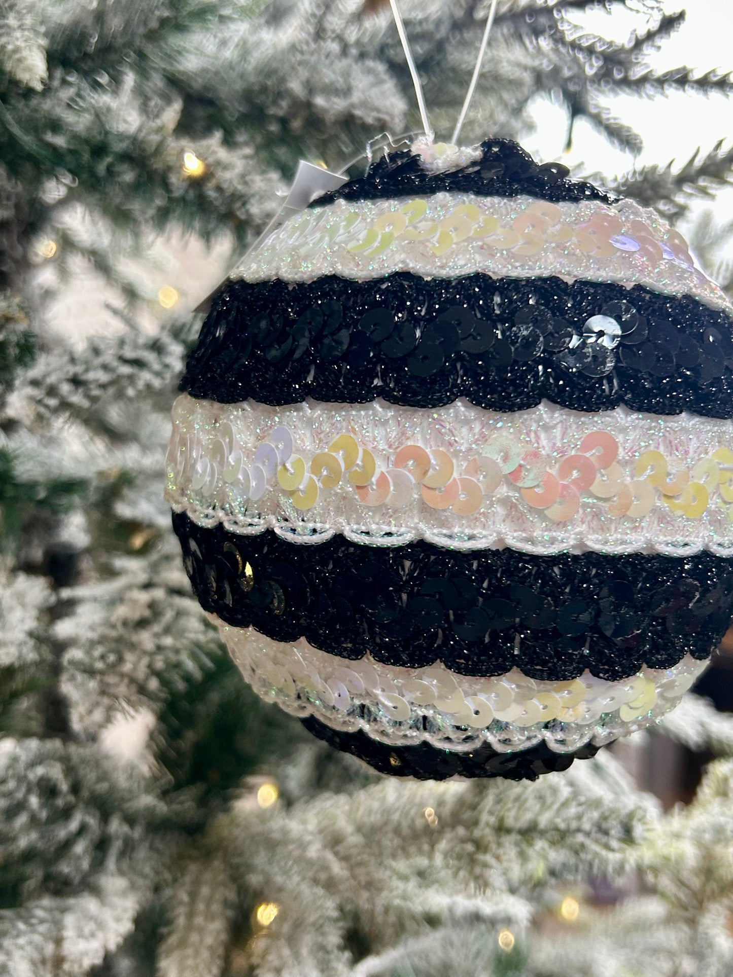 5 Inch Black And White Sequin Lace Ball Ornament
