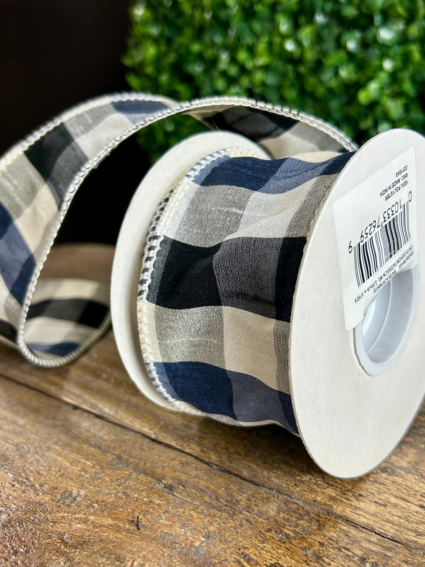 2.5 Inch By 10 Yard Black Navy And White Check Dupioni Paterson Ribbon