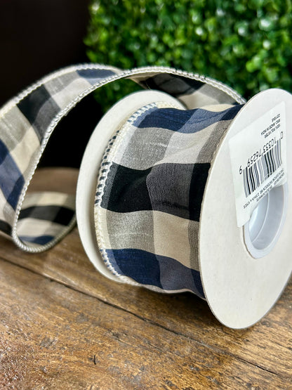 2.5 Inch By 10 Yard Black Navy And White Check Dupioni Paterson Ribbon