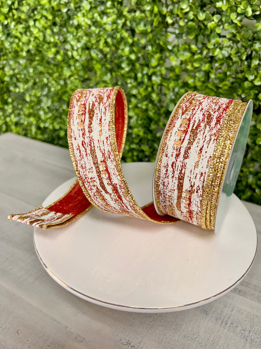 1.5 Inch By 10 Yard Cranberry Cream And Gold Glitter Metallic Streaks Ribbon