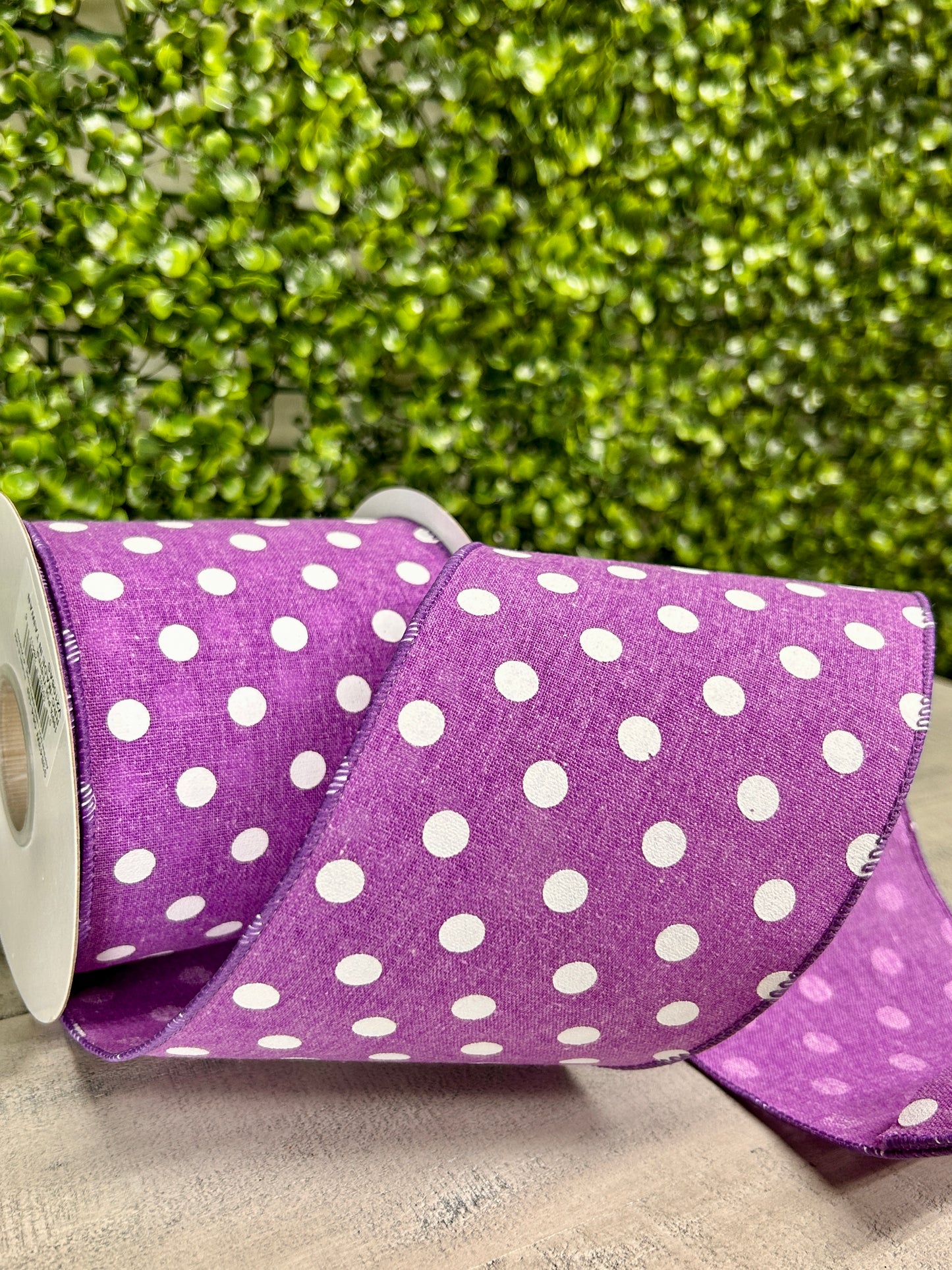 4 Inch By 10 Yard Purple Polka Dot Linen Ribbon