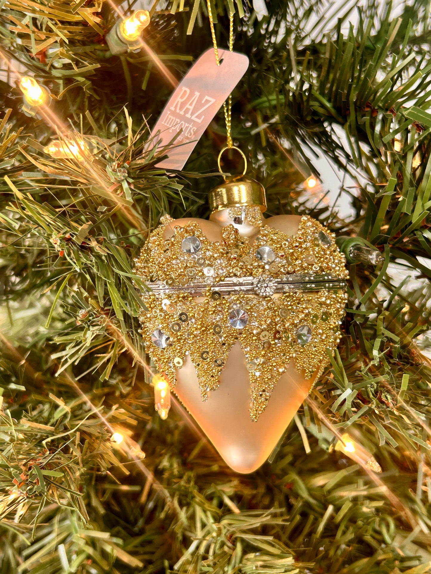 3.5 Inch Champagne Gold Sequin Glass Heart Box Ornament