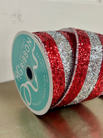 2.5 Inch By 10 Yard Red And Silver Large Glitter Stripe Ribbon