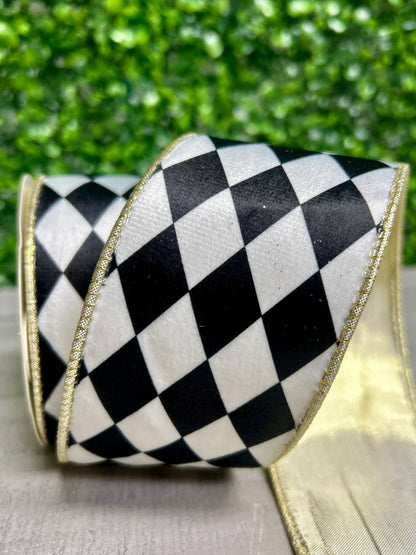 David Christopher's 2.5 Inch By 10 Yard Harlequin Print With Gold Edge Ribbon