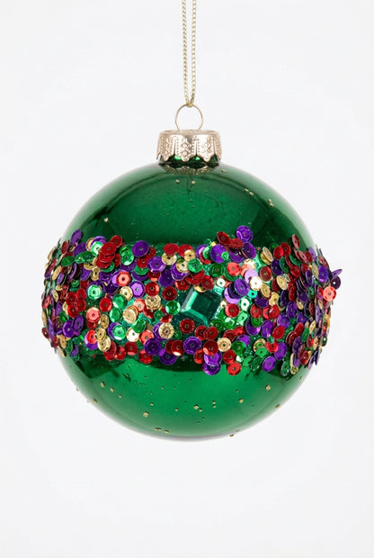 5 Inch Emerald Green With Diamond And Sequin Ornament Ball