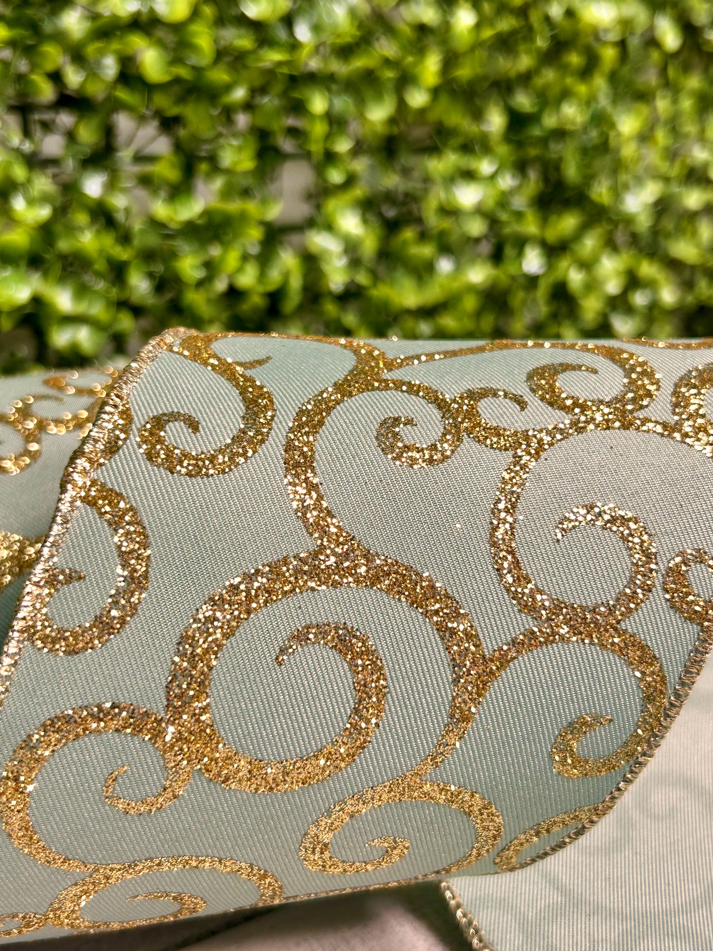 4 Inch By 10 Yard Sage Green And Gold Glitter Swirl Ribbon