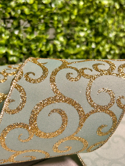4 Inch By 10 Yard Sage Green And Gold Glitter Swirl Ribbon