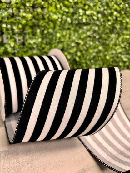 4 Inch By 10 Yard Black And White Flocked Cabana Stripes Ribbon