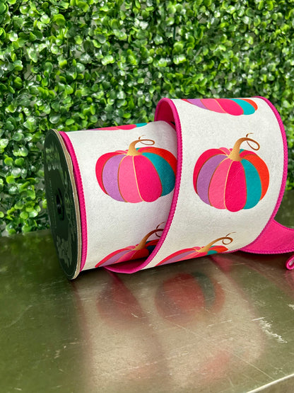 4 Inch By 10 Yard Fuchsia And White Pumpkin Fashion Dream Wired Ribbon
