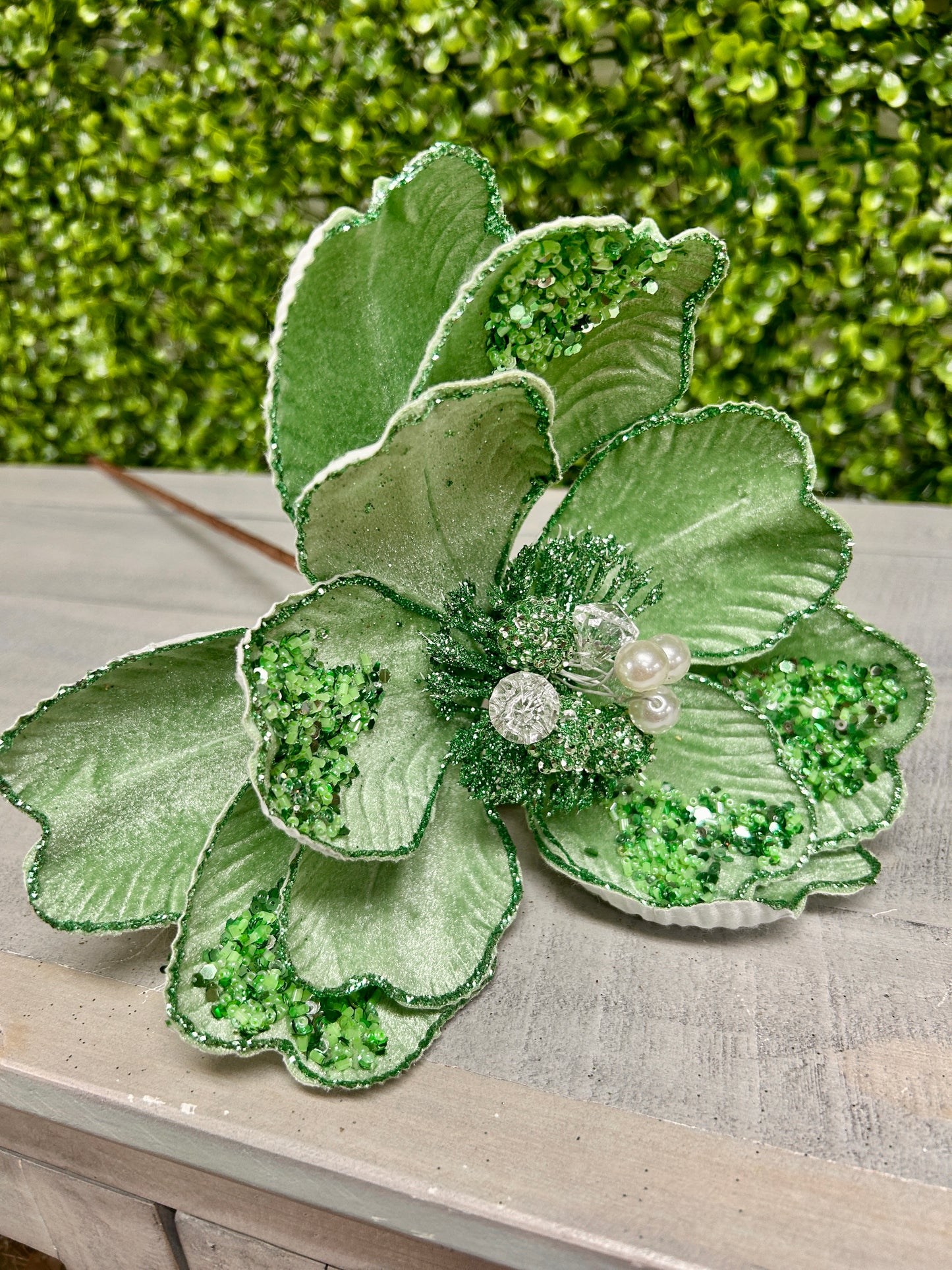 22 Inch Sage Green Glitter Sequin And Bead Magnolia Spray