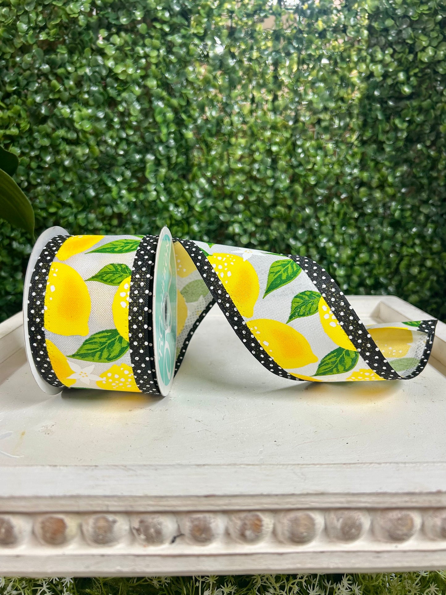 2.5 Inch By 10 Yard White Yellow And Black Lemons And Swiss Dots