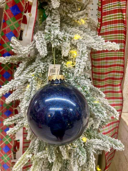 5 Inch Navy Blue Lacquer Look Glitter Ball Ornament