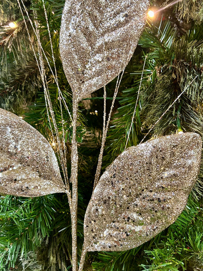 28 Inch Micro Beaded Sequin Magnolia Leaf Spray