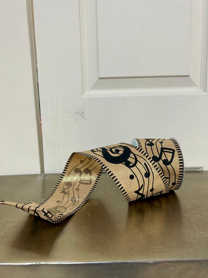 2.5 Inch By 10 Yard Gold And Black Bold Music Notes Striped Ribbon