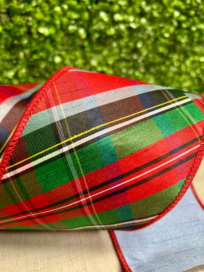 4 Inch By 10 Yard Traditional Christmas Plaid With Blue Backing Ribbon