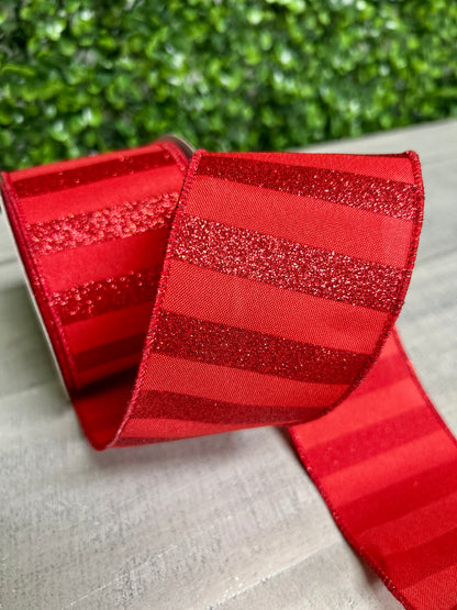 2.5 Inch By 10 Yard Red Horizontal Glitter Stripe Ribbon