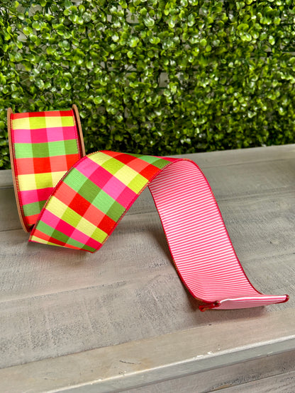 2.5 Inch By 10 Yard Flourescent Pink Green Plaid With Pink Stripe Back Ribbon