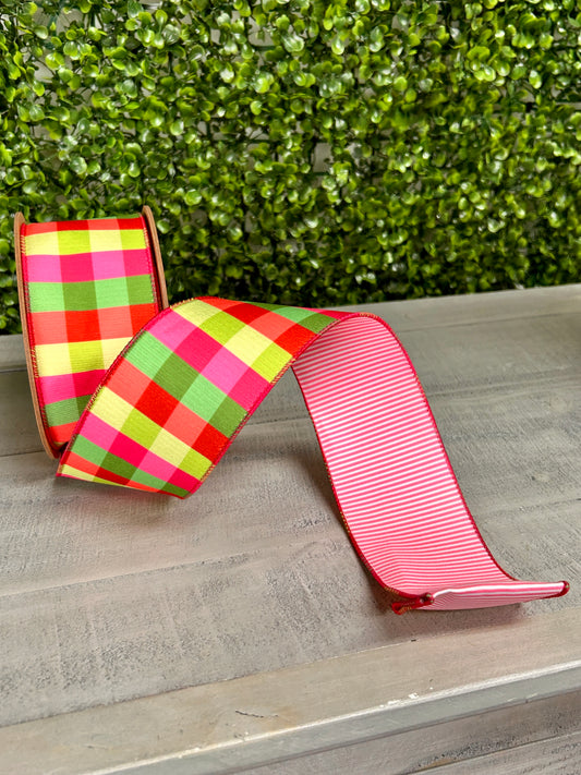 2.5 Inch By 10 Yard Flourescent Pink Green Plaid With Pink Stripe Back Ribbon