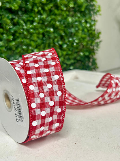 1.5 Inch By 10 Yard Red And White Small Polka Dots On Gingham Check Ribbon