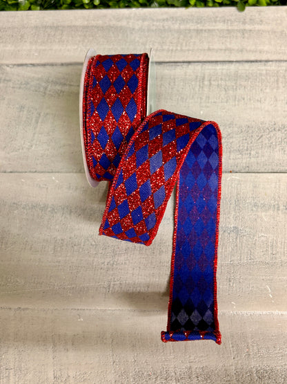 1.5 Inch By 10 Yards Royal Blue And Red Glitter Harlequin Ribbon