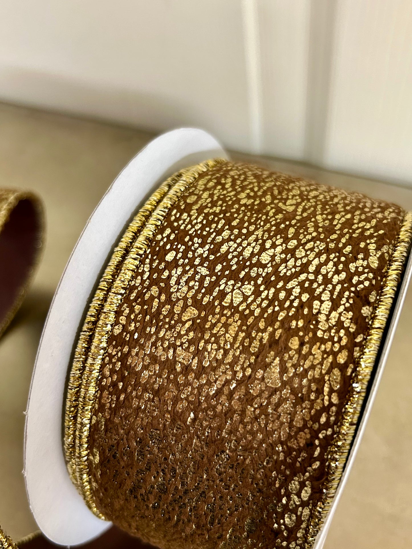 2.5 Inch By 10 Yard Brown Short Fur Gold Metallic Ribbon