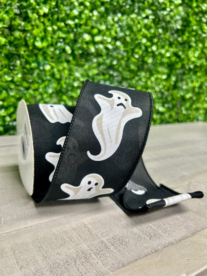 2.5 Inch By 10 Yard Black And White Ghosts Ribbon