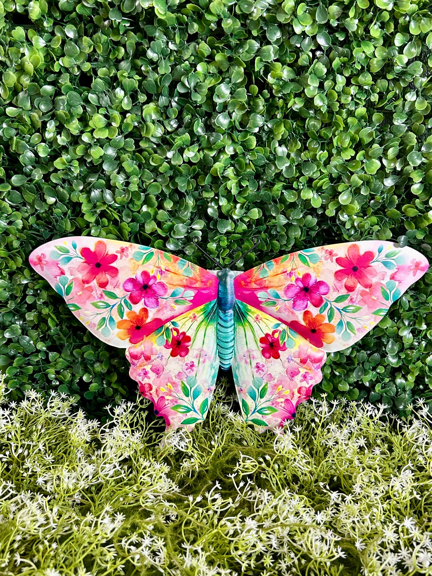 13.5 Inch Pink And Blue Green Botanical Butterfly Sign
