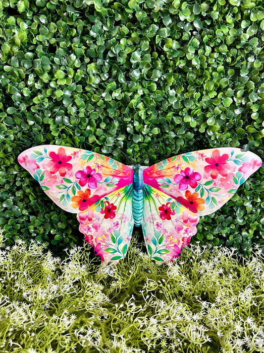 13.5 Inch Pink And Blue Green Botanical Butterfly Sign