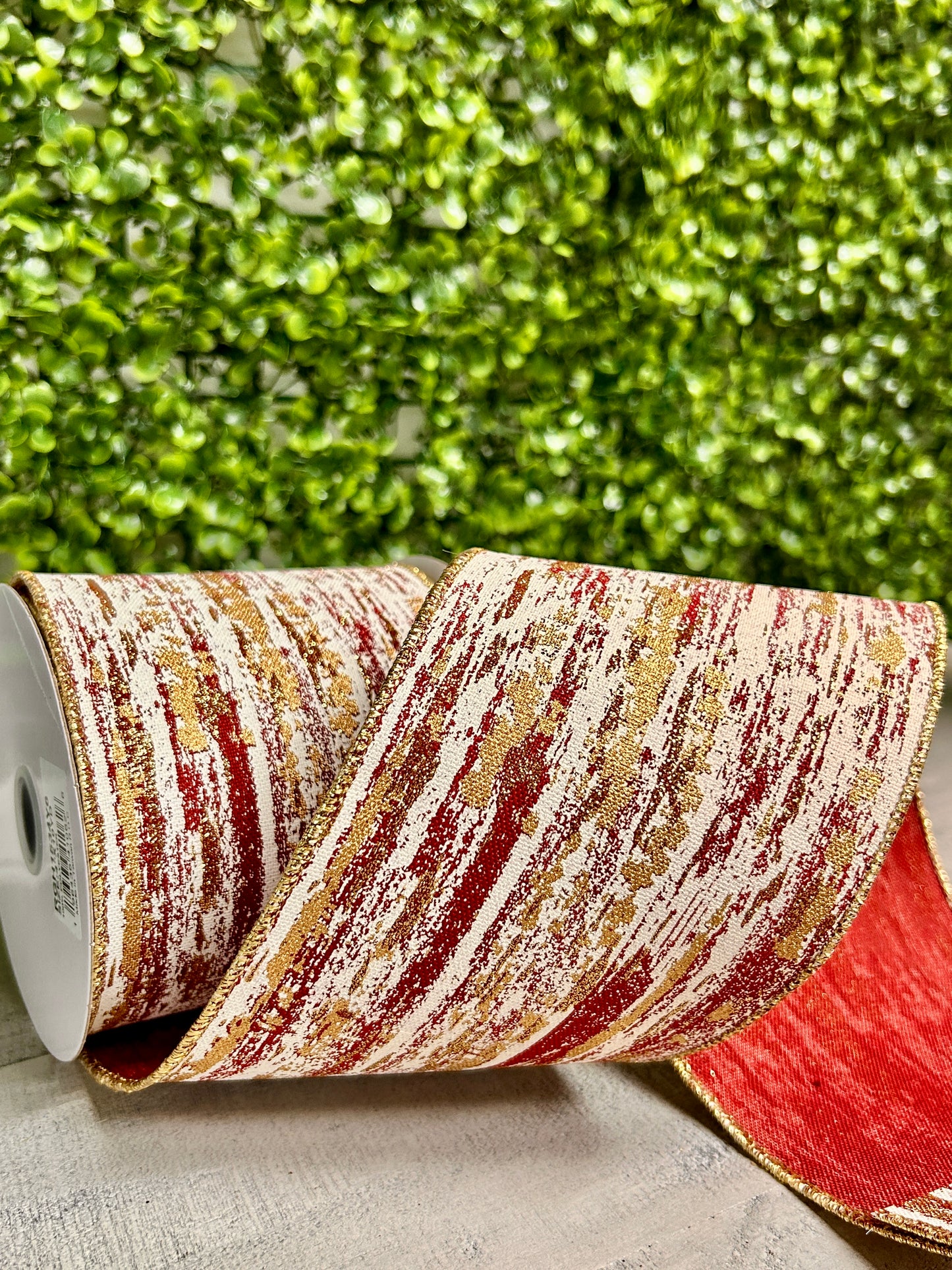 4 Inch By 10 Yard Cranberry Cream And Gold Glitter Metallic Streaks Ribbon
