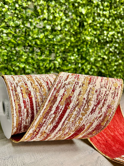 4 Inch By 10 Yard Cranberry Cream And Gold Glitter Metallic Streaks Ribbon