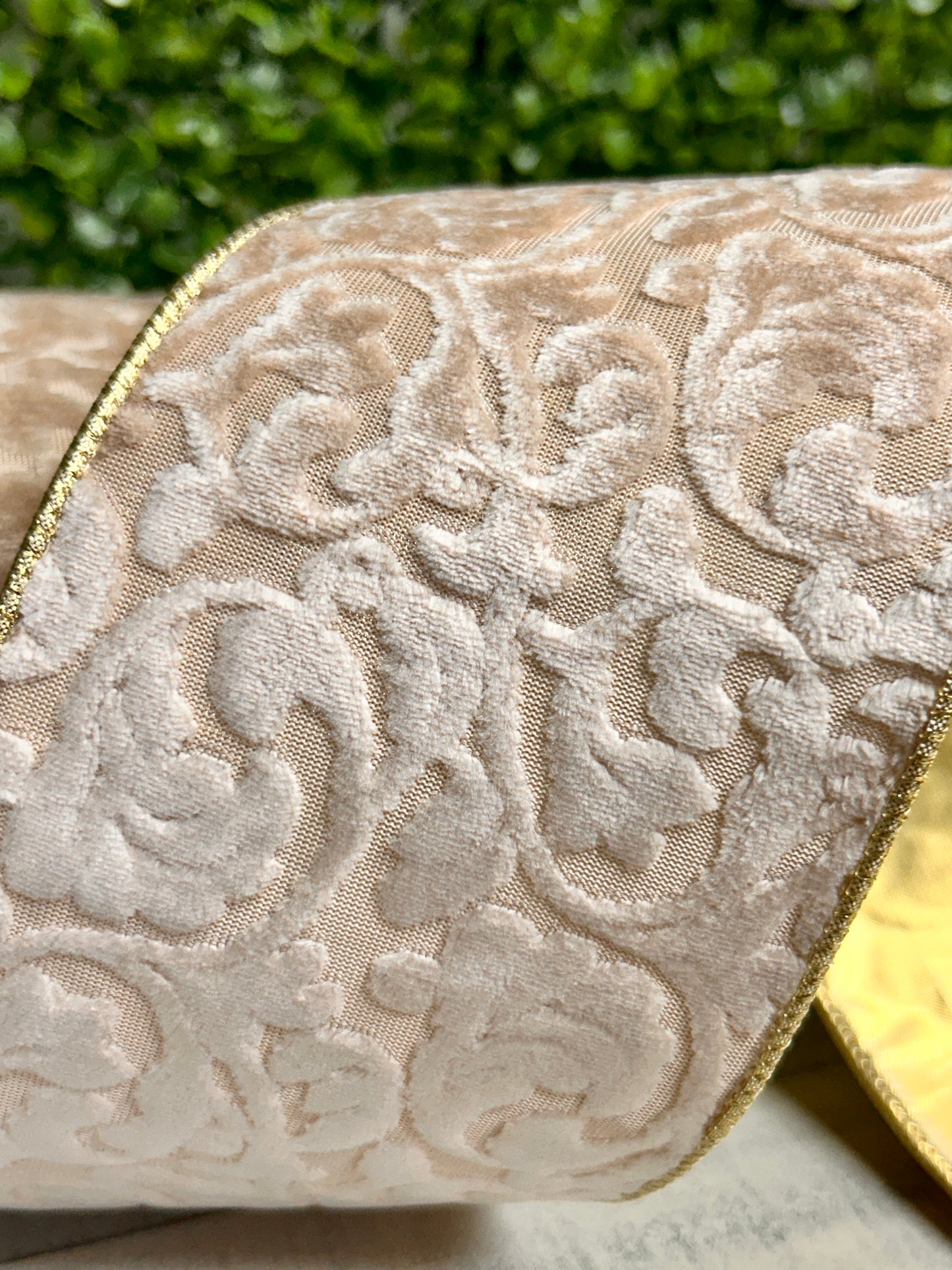 4 Inch By 10 Yard Ivory Velvet Floral Embossed Reversible With Gold Backing Ribbon