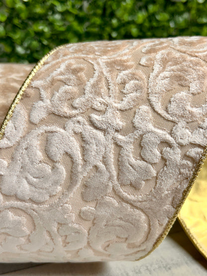 4 Inch By 10 Yard Ivory Velvet Floral Embossed Reversible With Gold Backing Ribbon